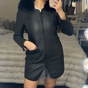 Black Quilted Long Sheep Leather Coat with Fur Collar Used in Great condition